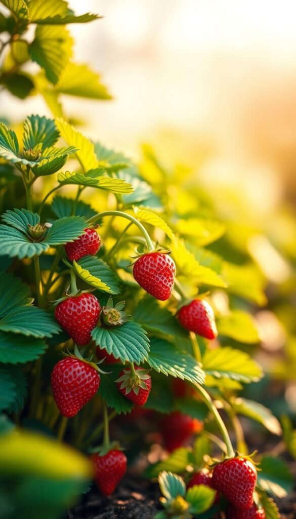 A lush, vibrant strawberry plant set against a soft, diffused background. The plant's leaves are a deep, healthy green, the stems sturdy and upright. The ripe, glistening strawberries peek out amidst the foliage, their ruby-red hues reflecting the perfect nutrient balance. Warm, golden sunlight filters through, casting a gentle, natural glow. The scene is captured with a shallow depth of field, allowing the plant to take center stage while the background fades into a hazy, bokeh-filled blur. The overall composition conveys a sense of abundant growth and nourishment, perfectly suited to illustrate the nutritional needs of a thriving strawberry garden.