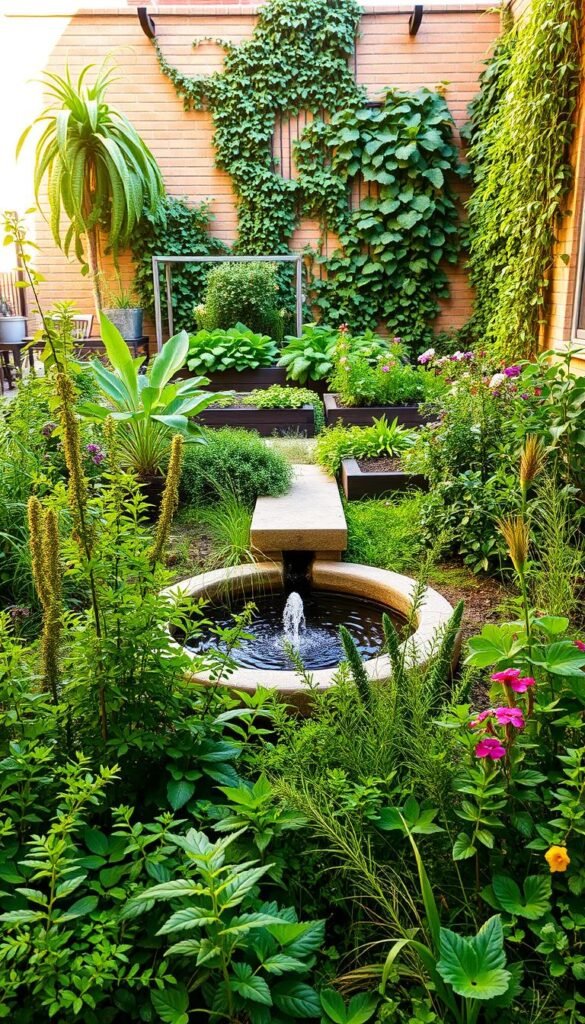 A lush, vibrant sustainable garden design set in a warm, sun-dappled courtyard. In the foreground, a diverse array of thriving native plants and herbs create a rich, layered texture. A central water feature, such as a small pond or fountain, reflects the soft natural light. The middle ground features raised garden beds overflowing with leafy vegetables and colorful flowers, nurtured through organic, soil-building practices. In the background, a living green wall or trellis-supported vines add vertical interest and natural cooling. The overall scene conveys a sense of harmony, balance, and a close connection to the cycles of nature.