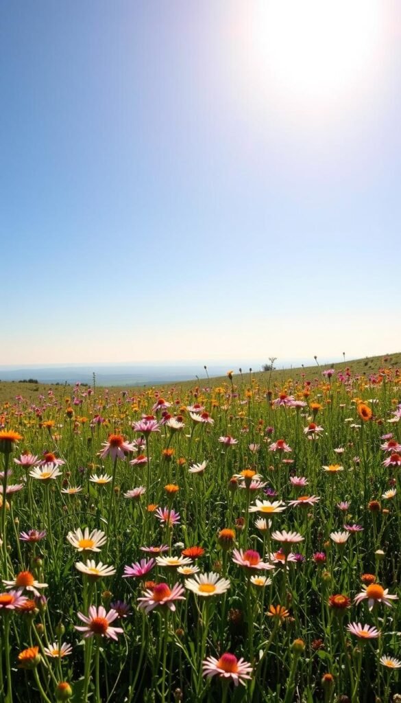 A lush, vibrant wildflower meadow under a warm, golden afternoon sun. In the foreground, a diverse array of blooms in soft pastel hues sway gently in a light breeze. The middle ground reveals a serene, undulating landscape dotted with wildflowers of varying shapes and colors, creating a captivating visual tapestry. In the distance, a hazy blue horizon line merges with the clear, azure sky. The scene exudes a sense of tranquility and natural abundance, showcasing the beauty and ecological benefits of a thriving wildflower meadow.