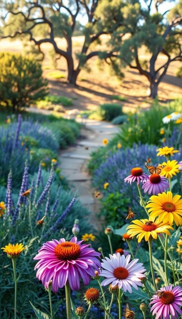 A lush, water-wise pollinator garden in the afternoon sun. The foreground showcases vibrant native flowers like purple coneflowers, yellow sunflowers, and pink milkweed. Buzzing bees and fluttering butterflies flit among the blossoms. In the middle ground, a winding pathway leads through a mix of low-growing drought-tolerant plants like lavender, sage, and thyme. The background features a gently sloping hillside dotted with mature oak trees, casting dappled shadows across the scene. The lighting is warm and golden, creating a serene and inviting atmosphere for pollinators and garden visitors alike.