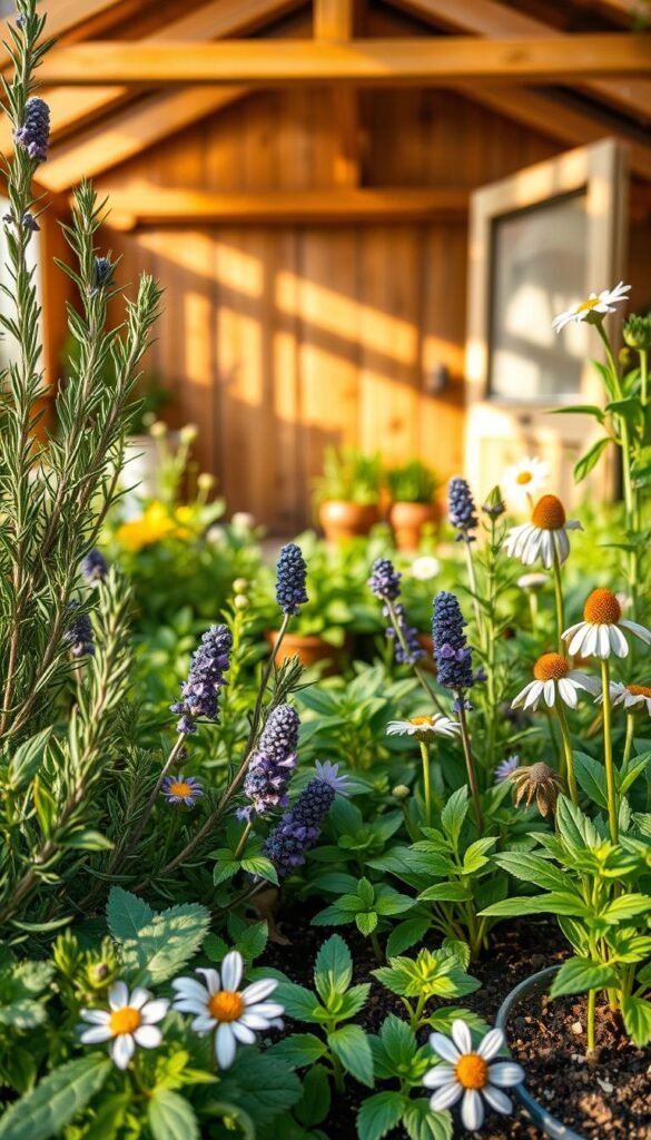 A lush, well-curated medicinal herb garden showcased in natural light. In the foreground, an artful arrangement of fresh, vibrant herbs like rosemary, lavender, chamomile, and echinacea. Their leaves and flowers appear in striking detail, each plant distinct yet harmoniously composed. The middle ground features potted herbs, their soil rich and teeming with life. In the background, a rustic wooden shed or greenhouse frames the scene, creating a sense of sanctuary and tranquility. Warm, soft lighting filters through the space, highlighting the verdant hues and delicate textures of the botanical subjects. The overall impression is one of careful curation, deep respect for the natural world, and the nurturing essence of a thriving medicinal herb garden.