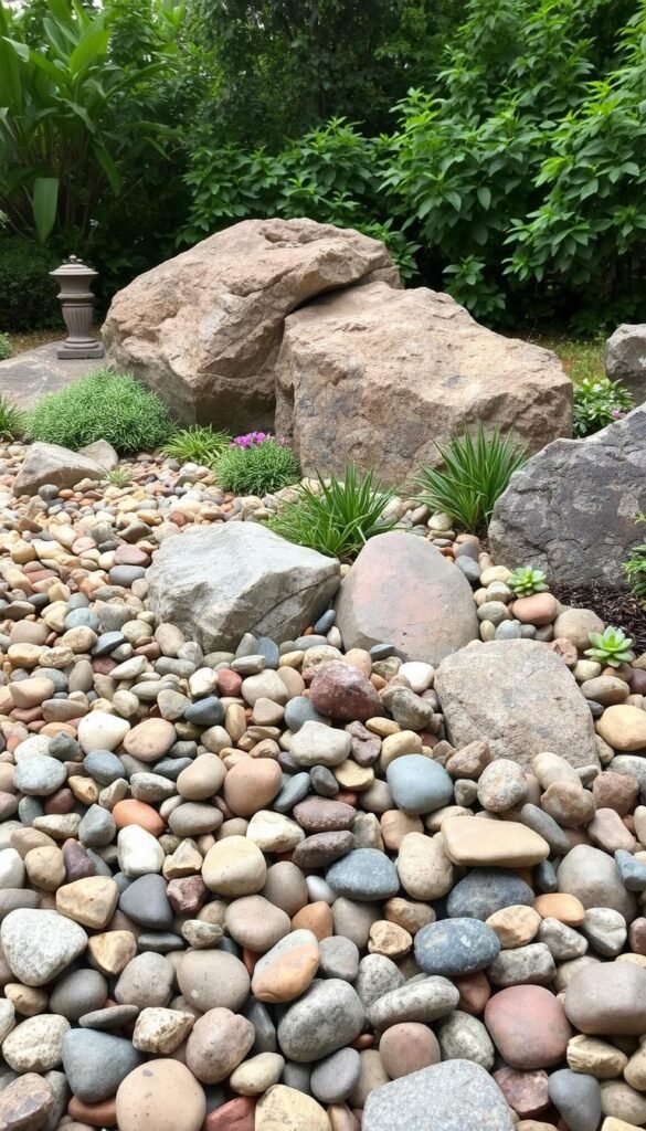 A lush, well-curated rock garden featuring an assortment of natural materials. Vibrant pebbles, smooth river rocks, and weathered boulders are artfully arranged in the foreground, creating a visually striking composition. In the middle ground, low-growing succulents and hardy ground covers spill over the edges, adding pops of color and texture. The background is framed by verdant foliage, conveying a sense of tranquility and harmony. Soft, diffused lighting from above casts gentle shadows, enhancing the depth and dimensionality of the scene. The overall mood is one of serene, low-maintenance elegance, perfectly suited for a backyard oasis.