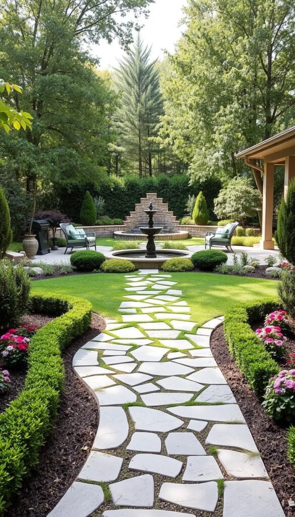 A lush, well-designed front yard landscape, showcasing a harmonious blend of functional and aesthetic elements. In the foreground, a meandering stone pathway leads visitors towards the inviting entryway, flanked by neatly trimmed hedges and vibrant flower beds. The middle ground features a striking water feature, such as a small fountain or a tranquil pond, surrounded by strategically placed seating areas. In the background, a carefully curated mix of trees and shrubs provide a natural, soothing backdrop, with dappled sunlight filtering through the foliage. The overall atmosphere exudes a sense of balance, functionality, and a cohesive, visually appealing design that seamlessly integrates the home with its outdoor surroundings.