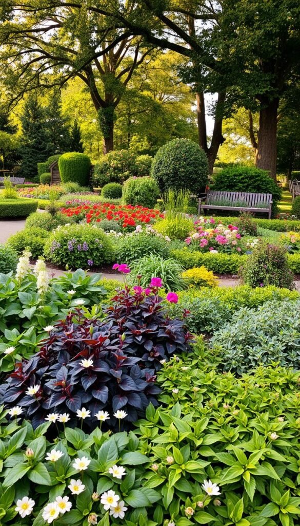 A lush, well-designed garden with a harmonious flow of visual elements. In the foreground, a vibrant arrangement of layered perennials in varying heights and textures - delicate flowering plants, bold-leaved foliage, and cascading groundcovers. The middle ground features a mix of colorful annuals and carefully placed shrubs, creating a sense of depth and dimension. In the background, towering deciduous trees cast a warm, dappled light, adding depth and drama to the scene. The overall composition is balanced, with a natural, organic feel that draws the eye through the space, guiding the viewer's gaze. Captured with a wide-angle lens to showcase the depth and scale of the garden, the image conveys a tranquil, inviting atmosphere.