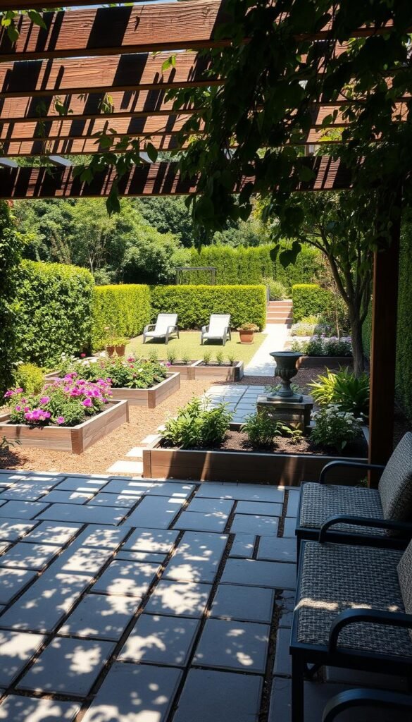 A lush, well-designed garden with distinct functional zones. In the foreground, a tranquil seating area with natural stone pavers and a wooden pergola, dappled with sunlight. The middle ground showcases raised garden beds brimming with vibrant flowers and herbs. In the background, a shaded path winds through a verdant border of shrubs and trees, leading to a hidden relaxation nook. The scene is bathed in soft, warm lighting, creating an inviting and serene atmosphere. Captured with a wide-angle lens to highlight the harmonious layout and zoning of this idyllic backyard oasis.