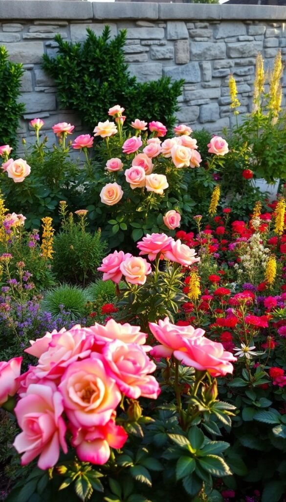 A lush, well-designed mixed border garden, showcasing a harmonious blend of rose bushes, complementary annuals, and vibrant perennials. The foreground features a variety of colorful blooms, their petals softly lit by the warm afternoon sun. The middle ground presents a visually striking arrangement, with the rose flowers' shapes and hues contrasting beautifully against the surrounding foliage and smaller plants. In the background, a natural stone wall provides a subtle, textured backdrop, enhancing the overall sense of depth and dimension. The lighting is gentle, casting a warm, golden glow and creating long, soft shadows that add depth and dimension to the scene. The overall composition is balanced and cohesive, inviting the viewer to explore the intricate details and appreciate the thoughtful design.