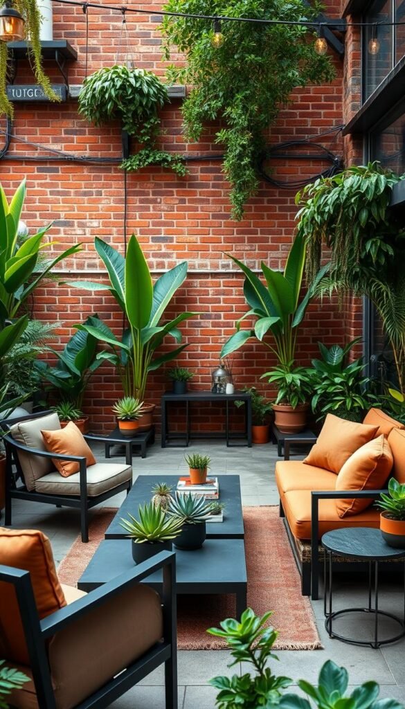 A lush, well-designed outdoor living space, featuring a harmonious arrangement of stylish, weather-resistant furniture, vibrant potted plants, and artful decorative accents. In the foreground, a comfy sectional sofa and two armchairs in a warm, earthy color palette invite relaxation, while in the middle ground, a sleek coffee table and side tables showcase potted succulents and minimalist decor. The background depicts a brick wall backdrop, with hanging string lights casting a soft, ambient glow. The scene exudes a sense of tranquility and sophistication, perfect for an urban private retreat.