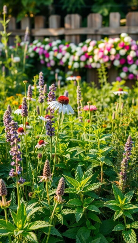A lush, well-lit garden bursting with a vibrant collection of homegrown medicinal herbs. In the foreground, thriving plants like fragrant lavender, soothing chamomile, and earthy echinacea sway gently in a soft breeze. The middle ground features a variety of leafy greens, including peppermint, rosemary, and sage, their verdant hues accentuated by the warm, golden sunlight. In the background, a rustic wooden fence and a blooming floral border create a serene, naturalistic setting, evoking a sense of tranquility and connection to the earth. The overall atmosphere is one of harmony, wellness, and the joyful experience of cultivating one's own medicinal herb garden.