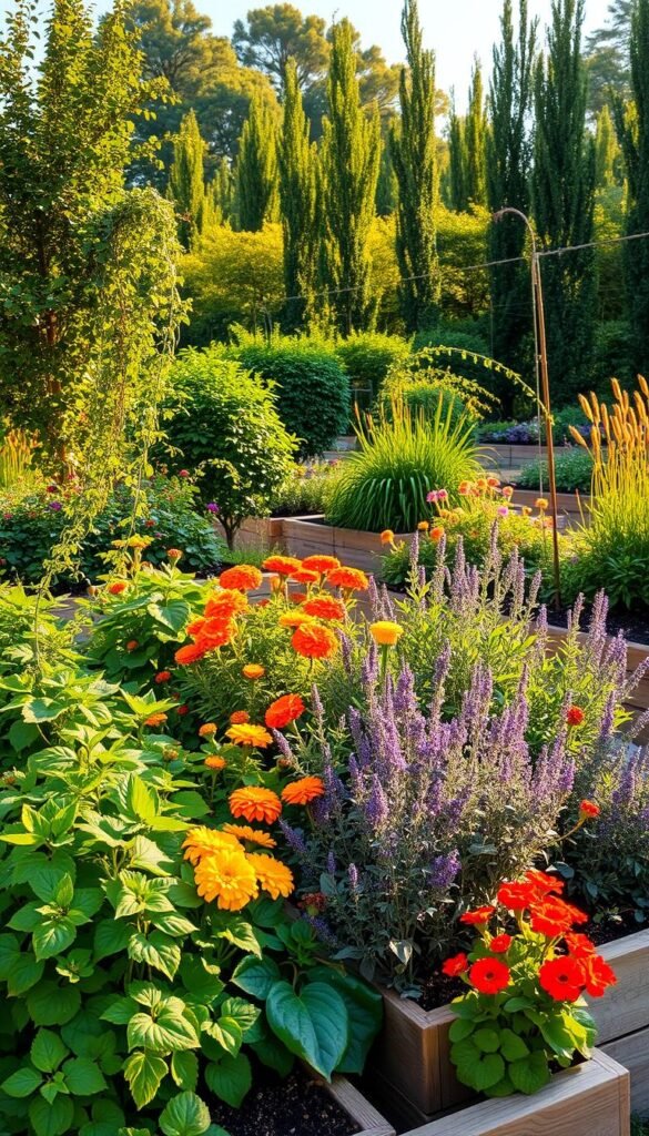 A lush, well-lit garden setting featuring a variety of ornamental plants that also serve as edible crops. In the foreground, a mix of leafy greens, colorful flowers, and trailing vines cascade over raised garden beds. The middle ground showcases vibrant flowering plants like marigolds, nasturtiums, and edible herbs like rosemary and lavender. In the background, a row of towering fruit trees and berry bushes provides a sense of depth and abundance. The lighting is warm and golden, creating a inviting, productive atmosphere. The overall composition emphasizes the harmony between aesthetic appeal and practical function, highlighting the versatility of these dual-purpose garden plants.