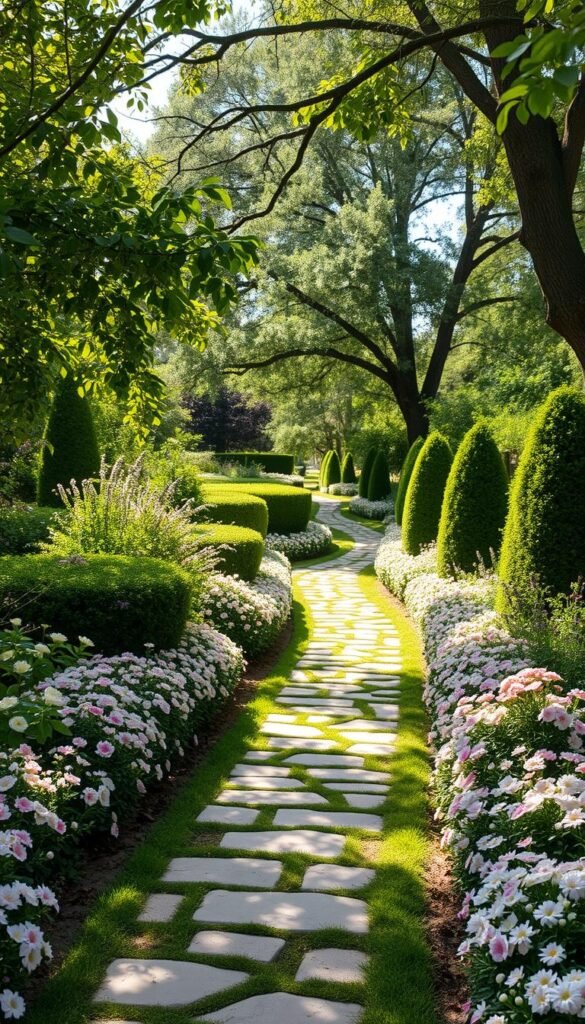 A lush, well-manicured cottage garden pathway winds through a verdant oasis, flanked by an abundance of colorful blooms. Delicate pastel hues of pink, lavender, and soft yellow flowers cascade along the edges, framing the inviting stone-paved path. Dappled sunlight filters through the overhead canopy of mature trees, casting a warm, romantic glow across the scene. Carefully pruned hedges and shrubs line the pathway, creating a sense of whimsical enclosure. The image conveys a serene, tranquil atmosphere, inviting the viewer to stroll leisurely and immerse themselves in the charming cottage garden aesthetic.