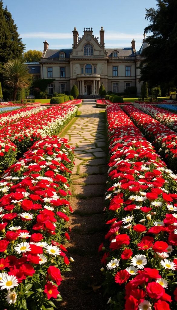 A lush, well-manicured formal flower garden in the foreground, featuring rows of vibrant blooms in classic colors like red, white, and blue. The flowers are meticulously arranged in symmetrical patterns, creating a sense of order and elegance. In the middle ground, a meandering stone path winds through the garden, inviting the viewer to explore. The background features a stately manor house with ornate architectural details, set against a backdrop of a clear, azure sky. The scene is illuminated by warm, diffused lighting, casting gentle shadows and highlighting the texture and depth of the flowers. An overall sense of refined beauty and traditional sensibilities pervades the image.