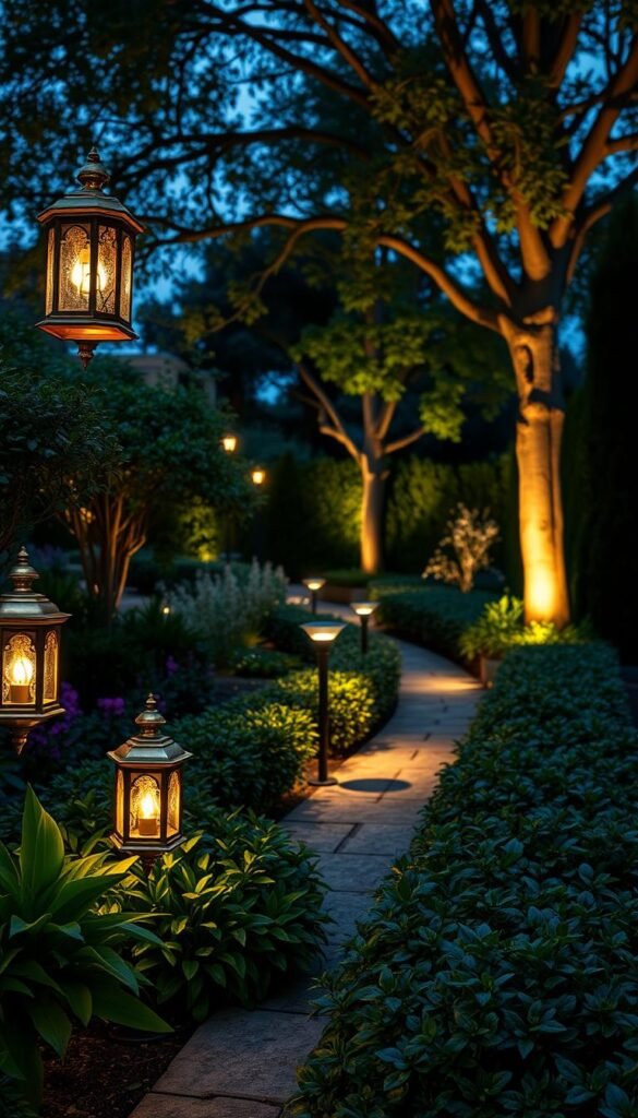 A lush, well-manicured garden at dusk, illuminated by a variety of tasteful lighting fixtures. In the foreground, ornate brass lanterns cast a warm, flickering glow across the vibrant flora. In the middle ground, sleek, modern path lights guide the way, their soft, diffused illumination highlighting the textured stone pavers. In the background, uplights subtly accentuate the towering trees, their branches casting intricate shadows across the scene. The overall atmosphere is one of tranquility and elegance, inviting the viewer to explore this enchanting outdoor oasis.