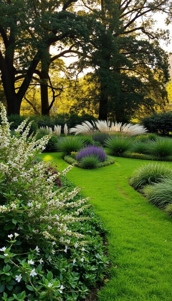 A lush, well-manicured garden path winds through a verdant landscape, lined with a diverse array of thriving plants and foliage. In the foreground, delicate flowers and trailing vines cascade over the edges, creating a captivating, natural border. The middle ground features a mix of leafy shrubs and ornamental grasses, their textures and hues complementing each other in a harmonious display. Towering trees in the background provide a serene, dappled backdrop, their branches filtering the warm, golden sunlight that bathes the scene in a soft, inviting glow. The overall composition exudes a sense of tranquility and elegance, guiding the viewer's eye along the path and inviting them to explore the beauty of this thoughtfully designed garden oasis.