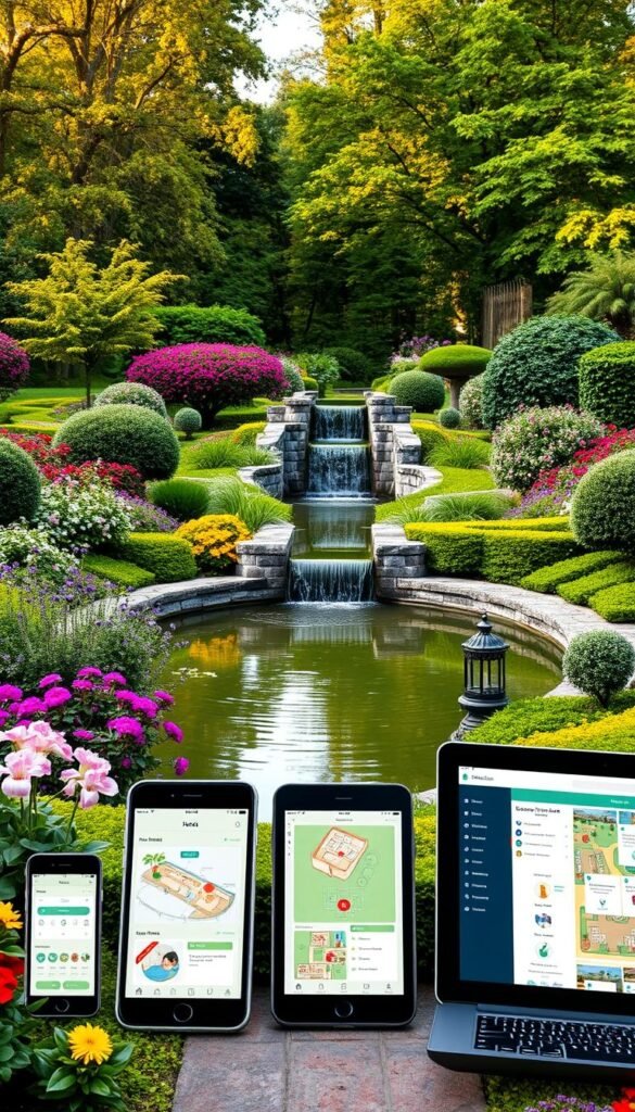 A lush, well-manicured garden with an array of colorful flowers and neatly pruned shrubs. In the foreground, a group of portable devices - smartphones, tablets, and a laptop - are displayed, each showcasing different garden planning apps with intuitive interfaces and detailed layouts. The middle ground features a serene pond with a tranquil waterfall, while the background is dominated by a verdant canopy of trees, casting a warm, golden glow across the scene. The overall atmosphere is one of harmonious integration between nature and modern technology, inviting the viewer to explore the possibilities of smart gardening solutions.