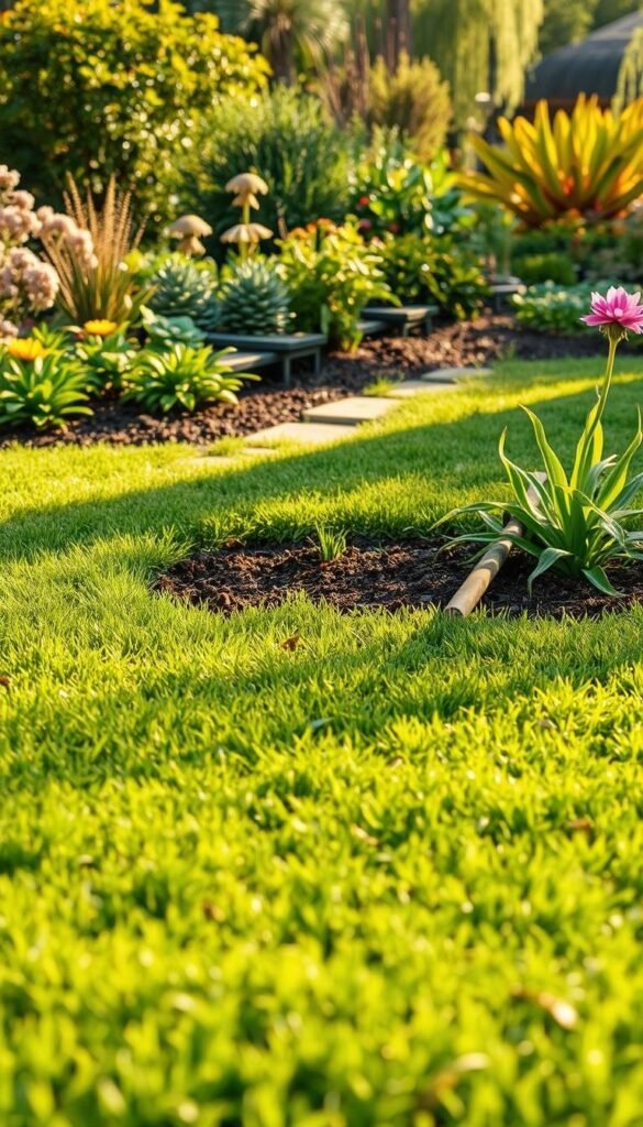 A lush, well-manicured lawn in the foreground, with various lawn removal techniques being demonstrated in the middle ground. In the background, a tranquil garden oasis with diverse flora and fauna. The scene is bathed in warm, golden sunlight, casting soft shadows and highlighting the textures of the soil, vegetation, and tools. The overall mood is one of transformation, as the traditional lawn gives way to a more sustainable, natural landscape. Carefully composed to showcase the step-by-step process of lawn removal, from sod cutting to sheet mulching, while maintaining a visually appealing and informative composition.