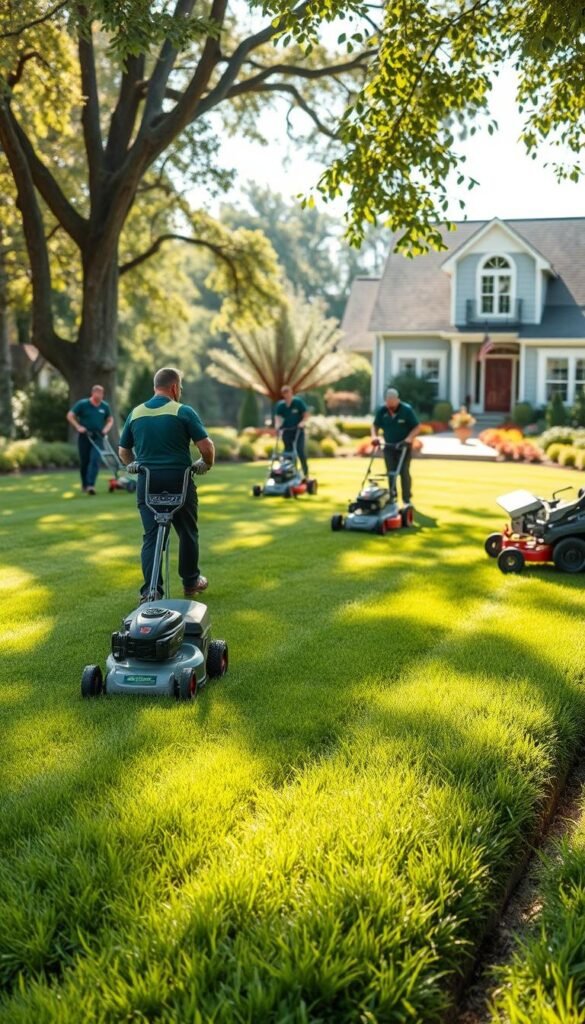 A lush, well-manicured lawn with meticulously trimmed edges and vibrant green blades. A team of professional lawn care specialists, dressed in uniforms, operate a variety of modern landscaping tools - high-powered mowers, trimmers, and edgers. The soft whirring of machinery and the scent of freshly cut grass fill the air, creating a sense of order and pride in the property's appearance. Dappled sunlight filters through the trees, casting a warm, inviting glow over the scene. In the background, a picturesque suburban home with a beautifully landscaped garden comes into view, showcasing the transformative power of professional lawn care services.