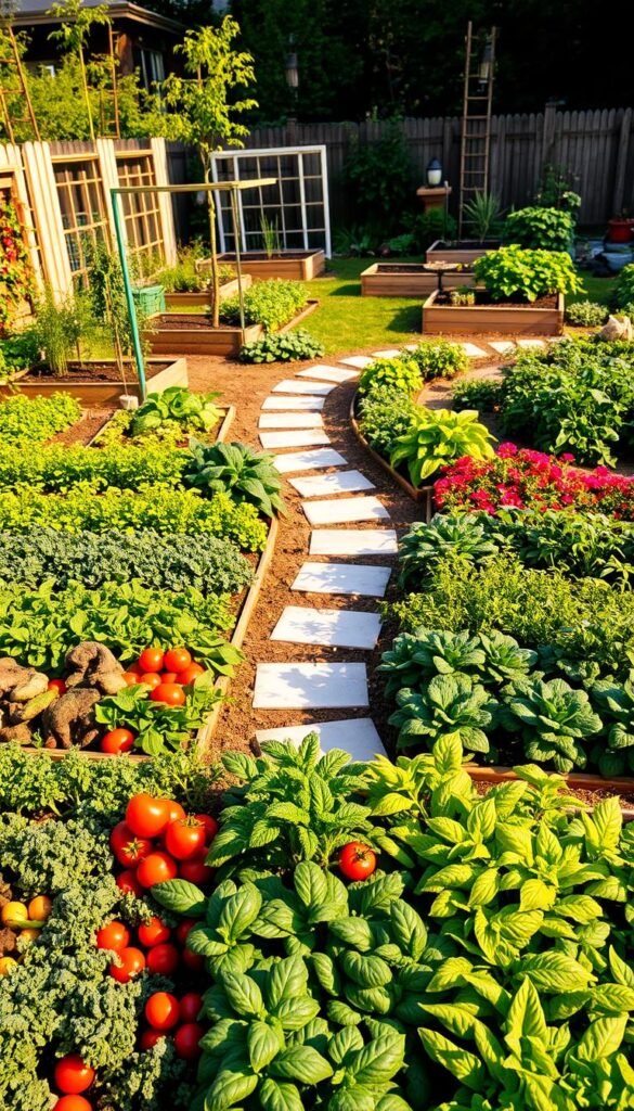 A lush, well-organized backyard vegetable garden, showcasing a variety of vibrant produce arranged in neat, visually appealing layouts. The foreground features a mix of leafy greens, colorful tomatoes, and crisp root vegetables meticulously laid out in rows, with a focal point of a thriving herb garden. The middle ground depicts a meandering stone pathway winding through the garden, inviting the viewer to explore. In the background, a harmonious blend of vertical trellises, wooden raised beds, and strategically placed decorative elements creates a sense of structure and balance. The scene is illuminated by warm, natural lighting, casting subtle shadows and highlighting the garden's textures and colors. The overall atmosphere exudes a sense of tranquility, productivity, and the joy of homegrown, sustainable living.
