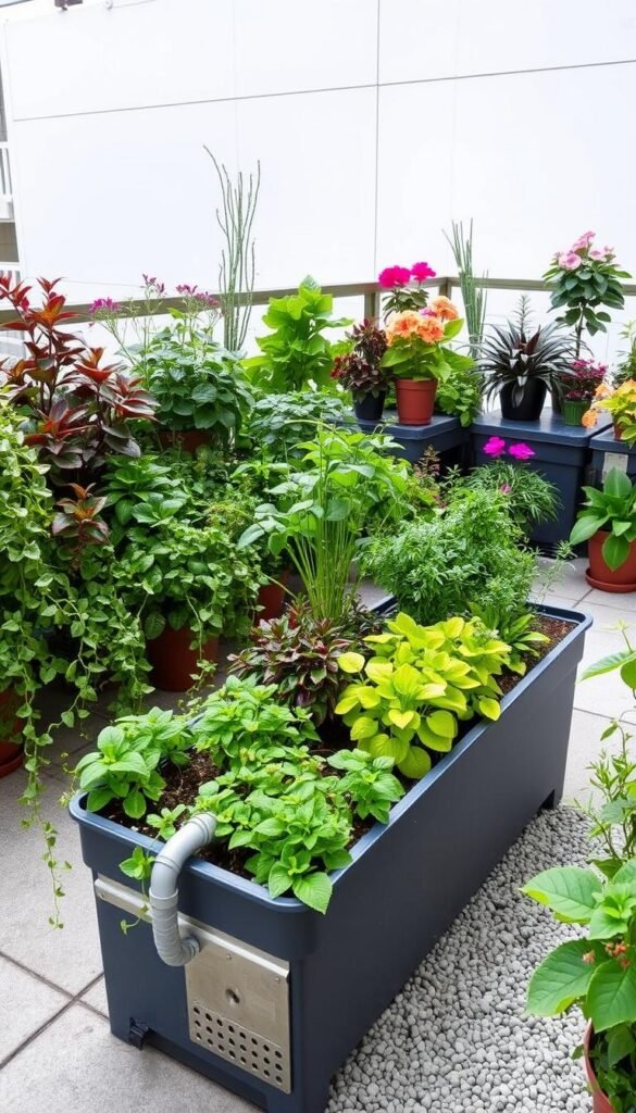 A lush, well-organized container garden with a focus on proper drainage. In the foreground, a variety of potted plants – trailing vines, leafy greens, and colorful blooms – arranged in a visually striking composition. In the middle ground, a detailed view of the drainage solutions, such as raised planter boxes with perforated bases, gravel layers, and strategically placed pipes or channels to ensure excess water flows away efficiently. The background is a clean, minimalist urban setting, highlighting the container garden's role in small-space urban gardening. The lighting is soft and natural, accentuating the vibrant colors and textures of the plants. The overall mood is one of a thriving, well-maintained container garden that serves as a model for effective drainage in small-space horticulture.