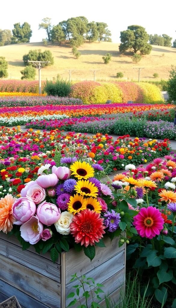 A lush, well-organized cut flower garden in full bloom, showcasing a diverse year-round selection of vibrant blooms. In the foreground, an artful arrangement of peonies, sunflowers, and dahlias in a rustic wooden planter. The middle ground features neatly tended rows of flowering annuals and perennials, their colors harmonizing in a rainbow of hues. In the background, a gently sloping hillside dotted with mature trees casts a warm, soft light across the scene. The overall atmosphere is one of abundant natural beauty, order, and tranquility, inviting the viewer to imagine the planning and care that goes into cultivating a productive cut flower garden for year-round enjoyment.
