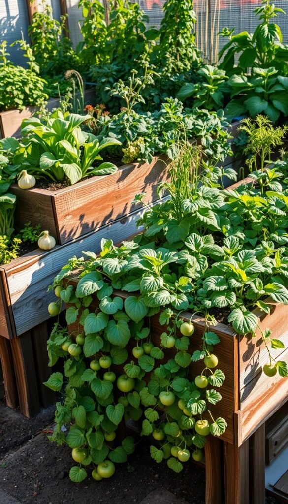 A lush, well-organized raised garden bed filled with a variety of thriving edible plants. The beds are constructed with weathered, reclaimed wood, elevated off the ground to create a visually striking and ergonomic planting area. Leafy greens, vibrant herbs, and plump vegetables cascade over the sides, creating a cascading, abundant display. Warm, natural lighting filters through the scene, casting gentle shadows and highlighting the rich textures of the plants and wood. The overall composition conveys a sense of bountiful productivity and harmony between human-made structures and natural elements.