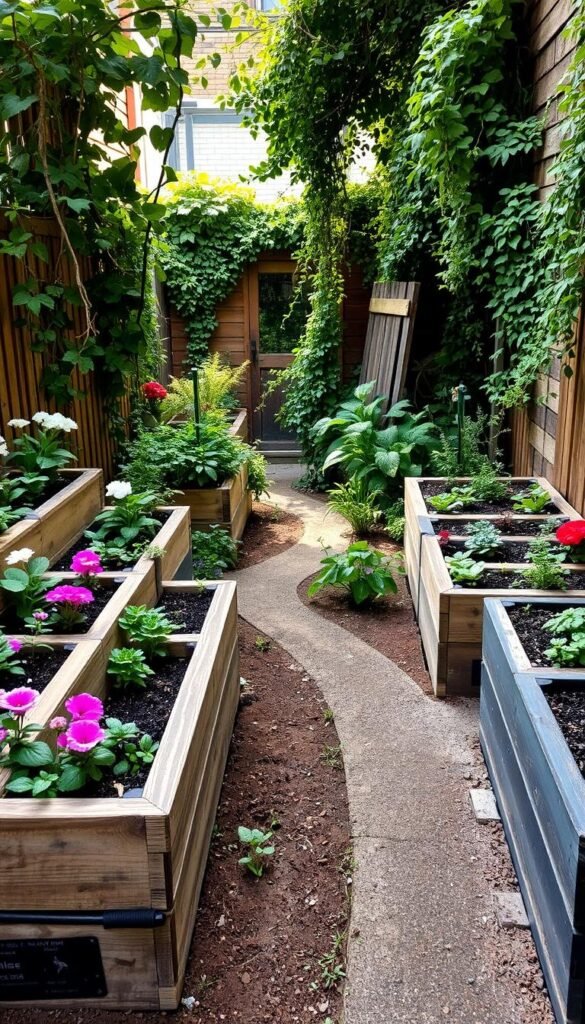 A lush, well-organized raised garden bed in a compact urban setting. In the foreground, a series of tiered planting boxes made of reclaimed wood, overflowing with vibrant flowers and leafy greens. Midground, a neat pathway winding through the beds, bordered by a low fence or trellis system supporting climbing vines. In the background, a small shed or greenhouse, partially obscured by trailing foliage, creating a sense of enclosure and privacy. Soft, natural lighting filters through the scene, casting warm shadows and highlighting the textures of the wood and plant life. The overall composition emphasizes efficient space utilization, harmonious design, and the beauty of a thriving, space-saving garden.
