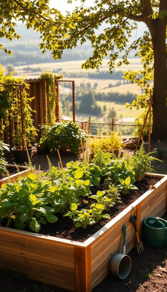A lush, well-organized raised garden bed situated in a serene, sun-dappled backyard. The bed's timber frame stands sturdy, its soil rich and dark, teeming with healthy, vibrant vegetables and herbs. Nearby, a watering can and gardening tools rest, suggesting the careful tending of this productive oasis. The scene is bathed in warm, golden light, casting gentle shadows that add depth and dimension. In the background, a verdant landscape unfolds, hinting at the broader benefits of this self-contained, efficient gardening method. The overall composition conveys a sense of harmony, productivity, and the joys of homegrown, sustainable food production.