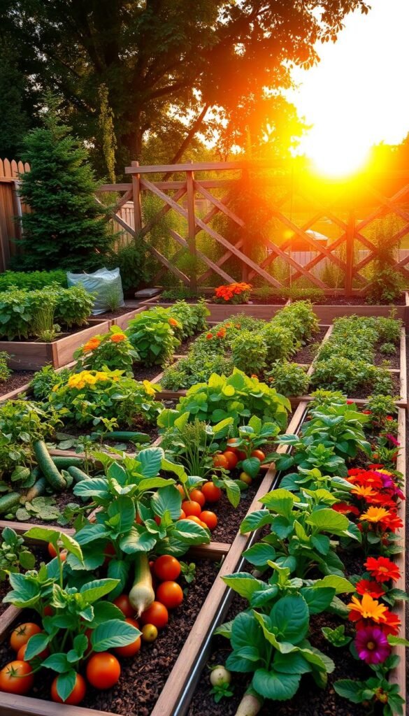 A lush, well-organized vegetable garden with neatly arranged raised beds, featuring a diverse array of thriving plants. The foreground showcases an intricate layout with rows of various vegetables, including tomatoes, zucchini, leafy greens, and root crops, all meticulously spaced for optimal growth. The middle ground displays a mix of companion plants, such as marigolds and nasturtiums, strategically placed to deter pests and enhance the garden's natural balance. In the background, a picturesque wooden fence or trellis frames the scene, with a warm, golden sunset casting a gentle glow over the entire layout. The image conveys a sense of harmony, productivity, and the joy of cultivating a bountiful and visually appealing vegetable garden.