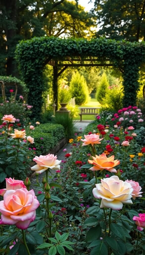 A lush, well-planned year-round garden, overflowing with vibrant blooms and flourishing greenery. In the foreground, an assortment of roses in various hues, their petals gently swaying in a soft breeze. The middle ground features a variety of carefully curated perennials and annuals, creating a harmonious tapestry of colors and textures. In the background, a picturesque gazebo or arbor, draped with climbing vines and framed by mature trees, casting a warm, natural light over the entire scene. The overall atmosphere conveys a sense of tranquility, inviting the viewer to imagine themselves immersed in this oasis of seasonal beauty.
