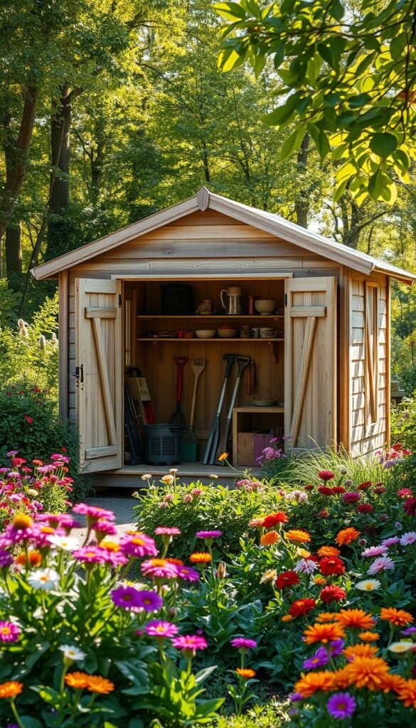 A lush, well-tended garden surrounds a charming wooden garden shed, its weathered exterior blending seamlessly with the verdant foliage. The shed is positioned at a slight angle, its double doors open to reveal a cozy, organized interior filled with gardening tools and supplies. Sunlight filters through the surrounding trees, casting a warm, inviting glow over the scene. In the foreground, vibrant flowers in a variety of colors dot the landscaping, creating a delightful contrast with the natural tones of the shed. The overall composition conveys a sense of harmony and functionality, showcasing how a garden shed can be thoughtfully integrated into a beautifully designed outdoor space.