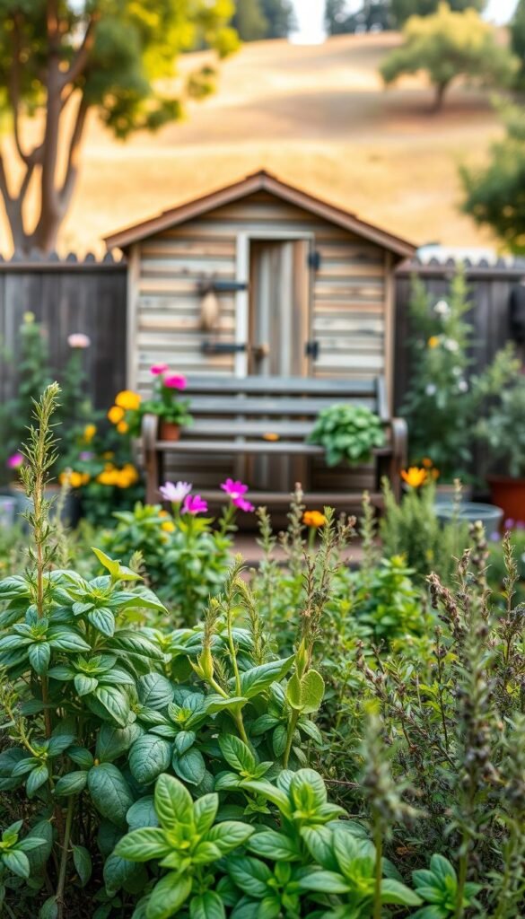 A lush, well-tended herb garden in a charming backyard setting. In the foreground, various herbs like basil, rosemary, and thyme are thriving, their vibrant colors and textures on full display. The middle ground features a wooden garden bench surrounded by seasonal flowers, adding a pop of color. In the background, a quaint wooden shed with a weathered appearance, complemented by a gently rolling hill dotted with trees. Warm, soft lighting filters through the scene, creating a cozy, inviting atmosphere. The composition is balanced, with a focus on showcasing the diverse array of herbs and their care throughout the changing seasons.