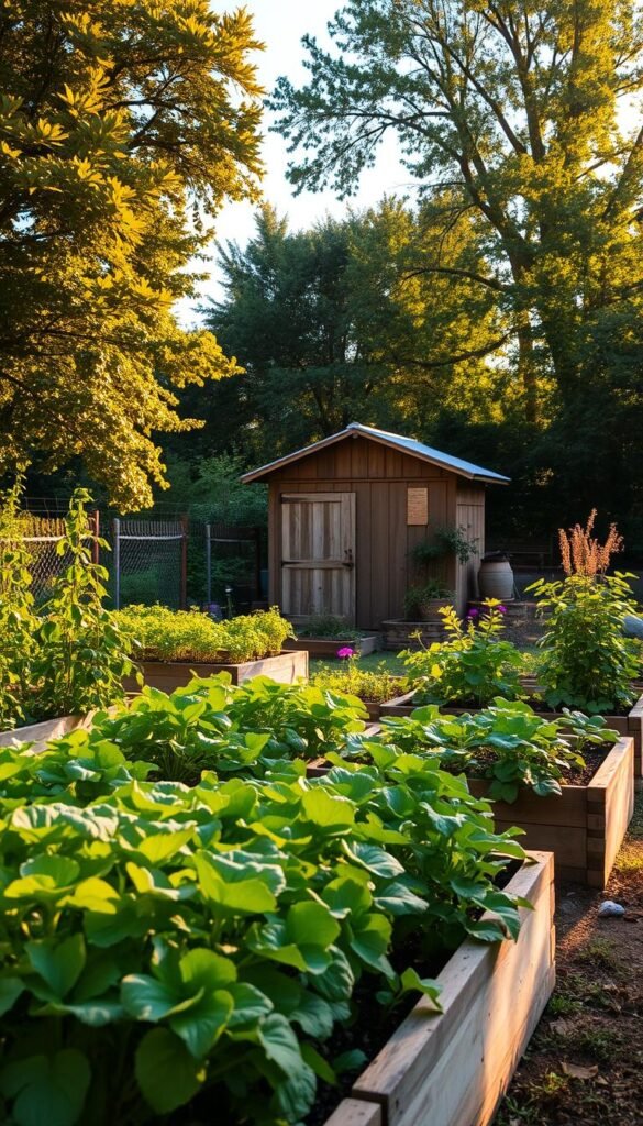 A lush, well-tended home garden bathed in warm, golden afternoon light. In the foreground, raised garden beds overflow with vibrant, healthy vegetables and herbs, their leaves gently swaying in a light breeze. The middle ground features a small, rustic potting shed, its weathered wooden walls and tin roof complementing the natural, earthy tones of the surrounding landscape. In the background, a verdant canopy of mature trees frames the scene, casting gentle shadows and creating a sense of peace and seclusion. The overall atmosphere conveys the benefits of self-sufficiency, sustainability, and the joy of cultivating one's own nourishing food.