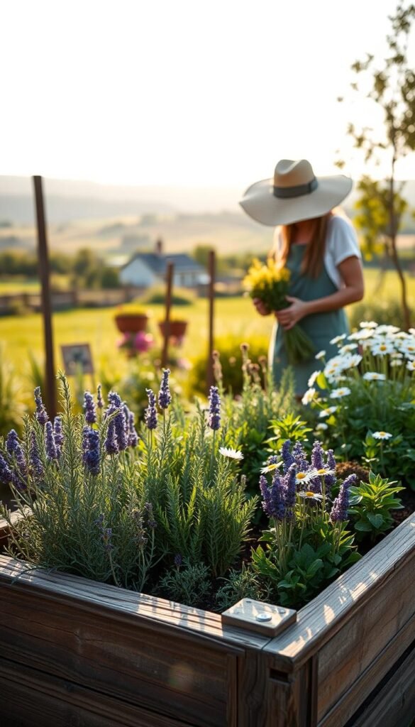 A lush, well-tended medicinal herb garden in the soft morning light. The foreground features a wooden garden box filled with neatly organized rows of thriving herbs - rosemary, lavender, and chamomile. In the middle ground, a gardener in a wide-brimmed hat carefully tends to the plants, her hands gently caressing the delicate leaves. The background reveals a serene countryside landscape, with rolling hills and a distant farmhouse. The scene exudes a sense of tranquility, as if inviting the viewer to lose themselves in the rhythmic motions of tending to these bountiful, healing plants.