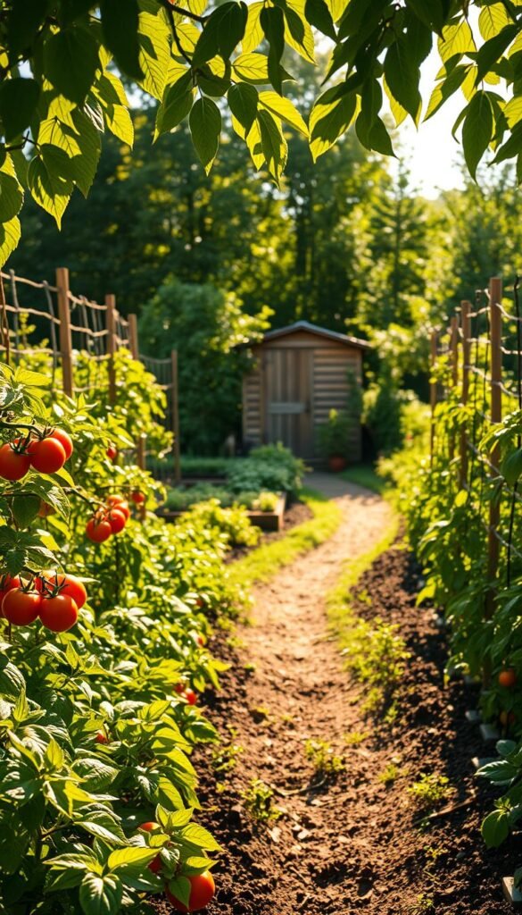 A lush, well-tended vegetable garden bathed in warm, dappled sunlight. The foreground features rows of thriving vegetables - ripened tomatoes, leafy greens, and vibrant peppers. The middle ground showcases a path winding through the garden, flanked by neatly trellised vines and carefully mulched beds. In the background, a wooden shed or greenhouse nestles amidst a backdrop of verdant foliage, casting gentle shadows across the scene. The lighting is soft and natural, with the sun's rays filtering through the leaves and creating a serene, inviting atmosphere. The overall composition emphasizes the harmonious integration of the garden with its surroundings, highlighting the principles of optimal site selection and year-round productivity.
