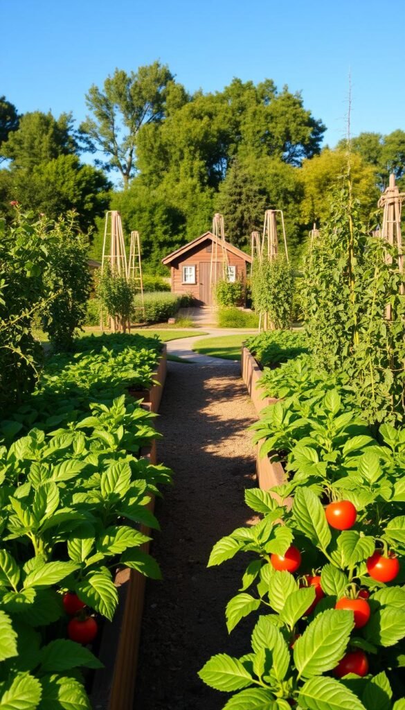 A lush, well-tended vegetable garden space, bathed in warm afternoon sunlight. In the foreground, vibrant green leafy greens and plump red tomatoes thrive in raised garden beds, their leaves gently swaying in a soft breeze. The middle ground features a winding path leading through the garden, bordered by flourishing zucchini plants and towering, fragrant herbs. In the background, a charming wooden shed nestled amidst a backdrop of verdant trees and a clear blue sky, creating a serene, productive oasis. The overall scene conveys a sense of abundance, tranquility, and the rewarding nature of organic vegetable gardening.