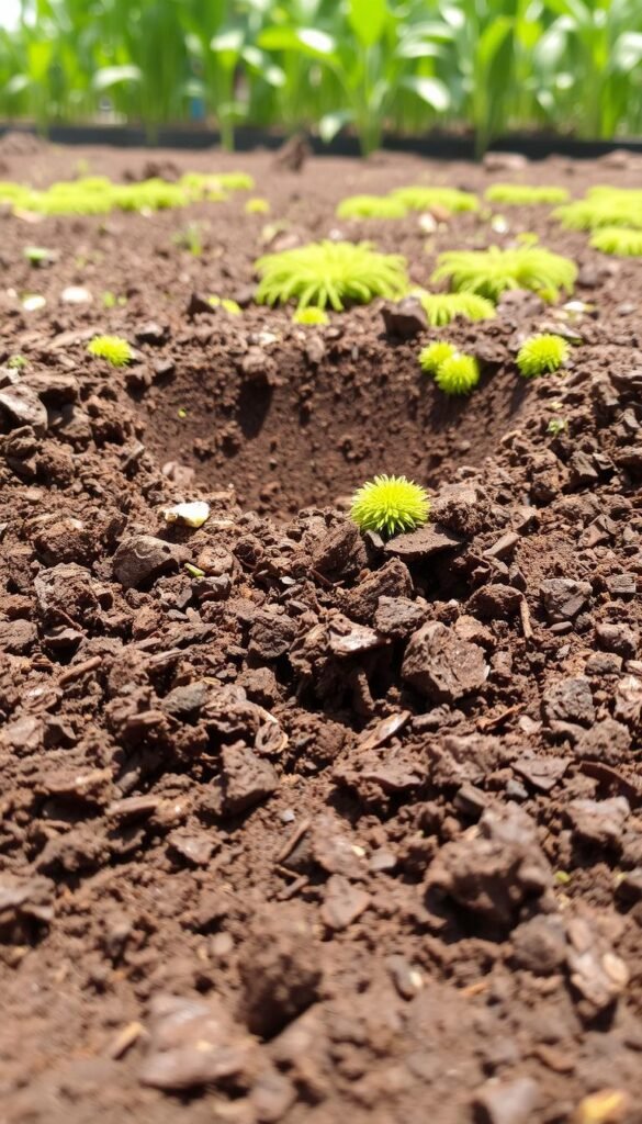 A lush, well-textured organic soil composition, with a mix of rich, dark compost, earthy loam, and vibrant peat moss. The foreground showcases the intricate structure of the soil, with visible fragments of decomposed plant matter, worm castings, and microbial activity. The middle ground reveals a cross-section of the soil profile, displaying its depth and the gradual transition from the top layer to the underlying layers. In the background, a soft, natural lighting illuminates the scene, casting subtle shadows and highlighting the warm, earthy tones of the soil. The overall mood is one of nurturing, sustainable growth, and the promise of a thriving, productive garden.