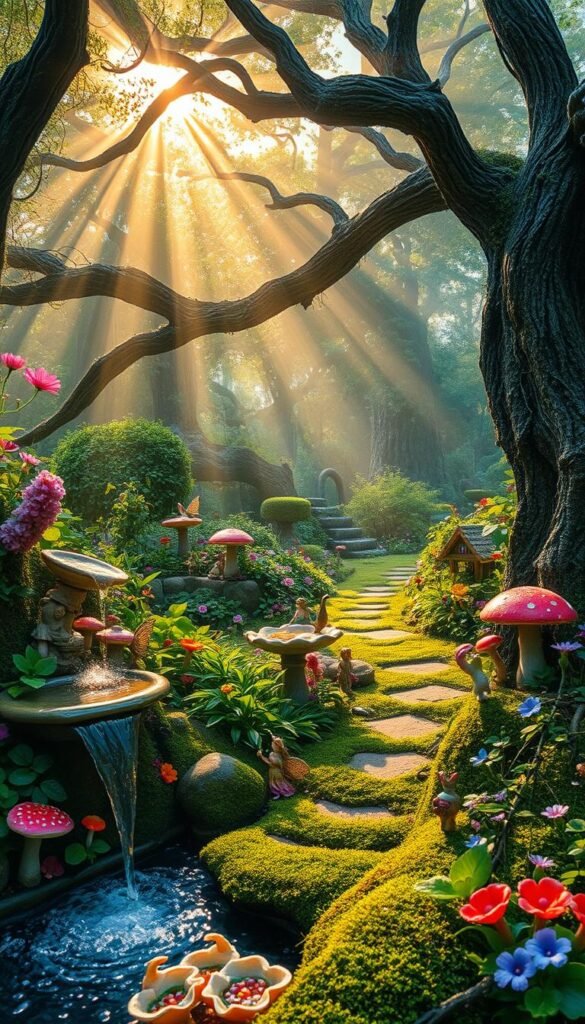 A lush, whimsical fairy garden brimming with enchantment. In the foreground, a gently flowing birdbath cascades with crystalline water, surrounded by a profusion of colorful, fantastical blooms - vibrant toadstools, delicate fairy flowers, and wispy vines. Diminutive fairy figurines and enchanted woodland creatures dance amidst the verdant foliage. Shafts of warm, golden light filter through a canopy of ancient, gnarled trees, casting a dreamy, magical glow over the scene. The mid-ground features a mossy path winding through the enchanted garden, inviting exploration. In the distance, a misty forest backdrop sets the stage for this ethereal, dreamlike fairy haven.