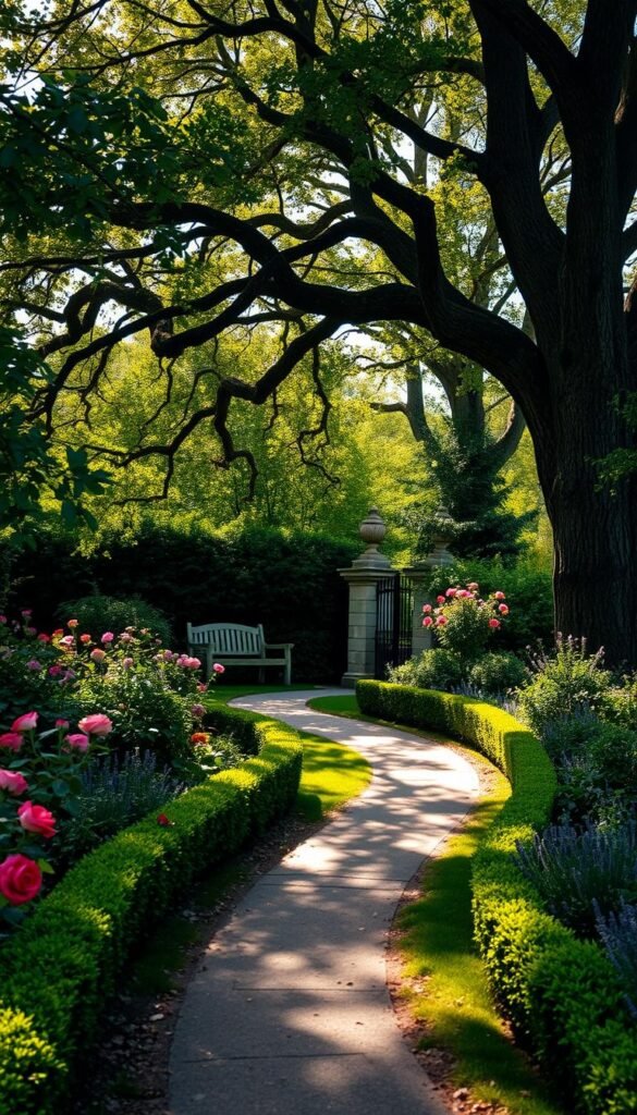 A lush, winding pathway meanders through a quintessential English garden, flanked by neatly trimmed hedges and vibrant flower beds. Dappled sunlight filters through the canopy of ancient oak trees, casting a warm, romantic glow across the scene. In the distance, a wrought-iron gate stands open, inviting exploration of this timeless, enchanting landscape. The path curves gracefully, leading the eye towards a quaint stone bench nestled amongst the blooming roses and fragrant lavender. This tranquil, picturesque setting evokes a sense of timeless charm and natural beauty, perfectly capturing the essence of an idyllic English garden.