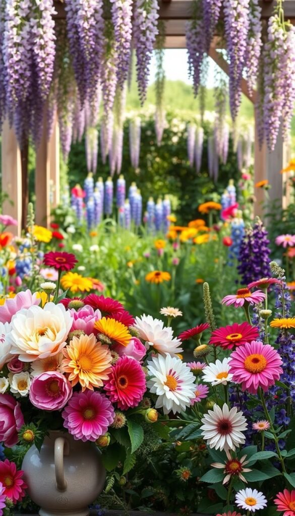 A lush, year-round cut flower garden blooming with vibrant hues and diverse blooms. In the foreground, a curated arrangement of peonies, dahlias, and ranunculus spills out from a vintage-style ceramic vase. The middle ground showcases a verdant border of lupins, delphiniums, and zinnias swaying gently in the soft, natural light. In the background, a picturesque wooden arbor draped with cascading wisteria frames the scene, inviting the viewer to step into this enchanting floral oasis. The overall mood is one of abundant beauty, seasonal harmony, and the joyful embrace of nature's ever-changing canvas.