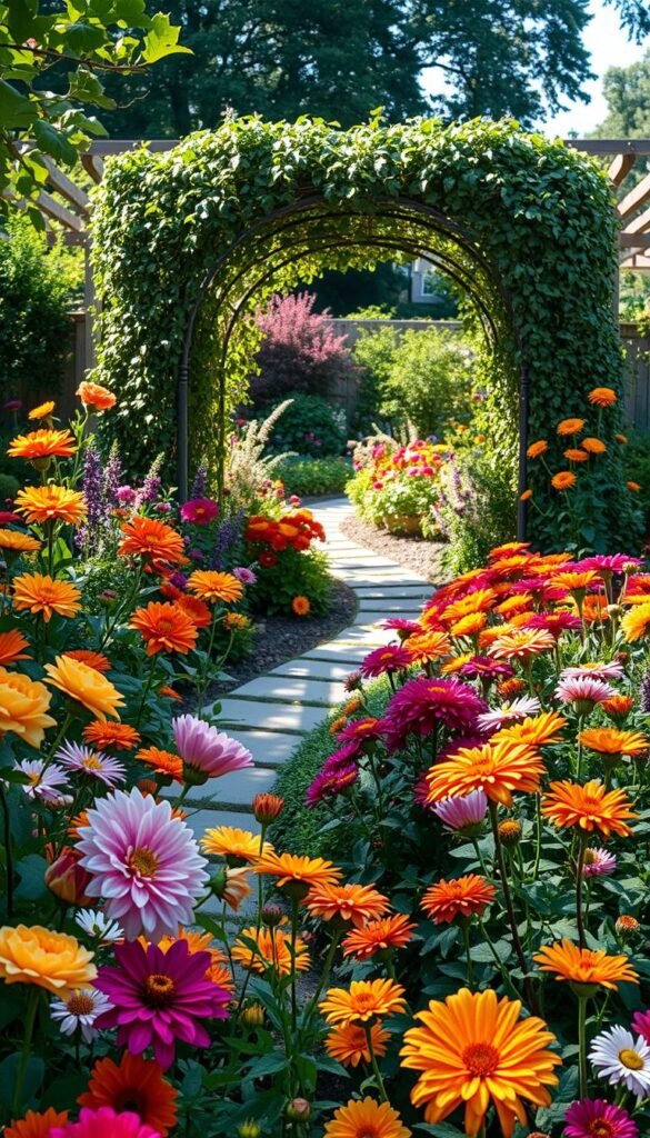 A lush, year-round garden design, overflowing with vibrant flowers in a sun-dappled backyard. In the foreground, a diverse array of blooms in warm hues - roses, dahlias, zinnias - creating a captivating tapestry of color. The middle ground features a winding path leading through a mixed border of perennials, their foliage adding texture and depth. In the background, a picturesque arbor draped in cascading vines frames the scene, hinting at the tranquil beauty beyond. Soft, natural lighting illuminates the garden, casting gentle shadows and highlights the intricate details of the plants. The overall atmosphere exudes a sense of harmony, inviting the viewer to imagine themselves immersed in this serene, year-round oasis.