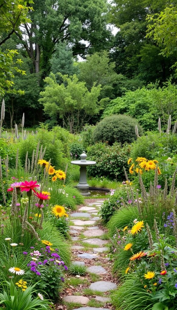 A lush, year-round wildlife garden showcasing a diverse array of native plants and natural elements. In the foreground, a meandering path leads through a colorful tapestry of flowers, grasses, and shrubs, attracting butterflies, bees, and other pollinators. The middle ground features a small pond or birdbath, surrounded by dense foliage providing cover and water sources for birds and small animals. In the background, a mix of mature trees and dense shrubbery creates a layered, naturalistic backdrop, inviting a variety of woodland creatures. The scene is bathed in soft, diffused lighting, capturing the tranquil and inviting atmosphere of a thriving, eco-friendly garden oasis.