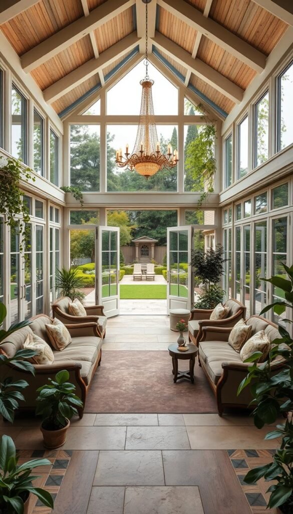 A luxurious garden room with a grand, airy design. Large windows and glass doors flood the space with natural light, blurring the boundaries between indoors and outdoors. Elegant furniture, including plush couches and armchairs, invites relaxation amidst potted plants and trailing vines. A statement chandelier casts a warm glow, complementing the rich textures of wood, stone, and textiles. The room opens onto a beautifully landscaped garden, with a paved patio and lush greenery creating a serene, harmonious atmosphere. Captured at a slightly elevated angle to showcase the room's spaciousness and integration with the outdoor space.
