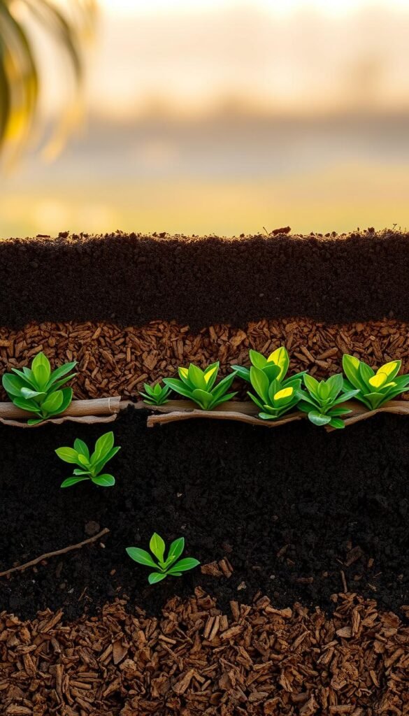 A meticulously arranged cross-section showcasing the layers of a water-conserving mulch system. In the foreground, a rich, dark soil base covered by a thick layer of organic mulch, interspersed with vibrant green groundcover plants. The middle ground features a subtle gradient of mulch, transitioning from coarse wood chips to finer, more decomposed materials. In the background, a soft, hazy horizon evokes a serene, natural atmosphere, illuminated by warm, directional lighting that casts gentle shadows, emphasizing the textural details of the mulch layers. The overall composition conveys a sense of balance, efficiency, and eco-friendly gardening practices.