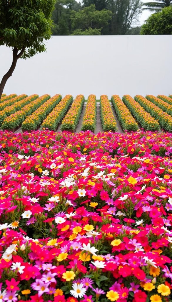 A meticulously arranged garden, featuring a cohesive mass planting of vibrant, densely packed blooms. The foreground showcases a vibrant tapestry of colorful flowers, their petals gently swaying in a soft breeze. The middle ground reveals a structured, symmetrical layout, with rows of identical plants creating a harmonious visual rhythm. In the background, a minimal, clean-lined landscape provides a serene, uncluttered backdrop, allowing the flowers to take center stage. The lighting is soft and diffused, casting a warm, natural glow over the scene. The composition is captured from a slightly elevated angle, emphasizing the organized, purposeful arrangement of the plants and the sense of visual unity.