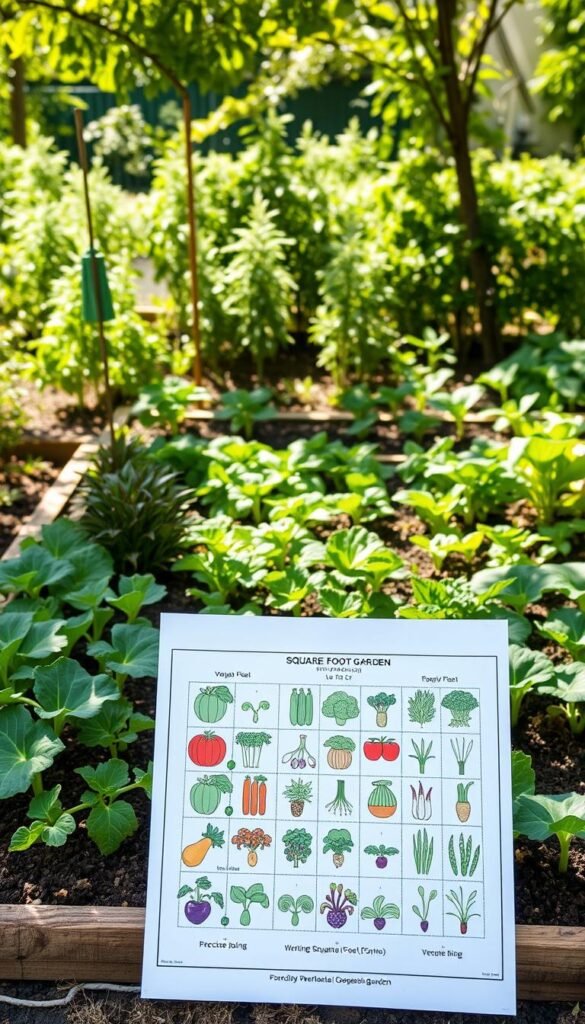 A meticulously arranged square foot garden, showcasing the precise layout of various vegetable plants. The foreground features a detailed schematic diagram, illustrating the optimal spacing and arrangement of different crops within a square foot grid. The middle ground depicts a well-tended garden bed, with lush, vibrant plants occupying their designated spaces. The background presents a tranquil, sun-dappled setting, with a verdant backdrop of foliage and a sense of harmony between the structured garden and the natural environment. The lighting is soft and natural, accentuating the textures and colors of the plants. The overall composition conveys a sense of order, efficiency, and the joy of cultivating a productive, sustainable vegetable garden.