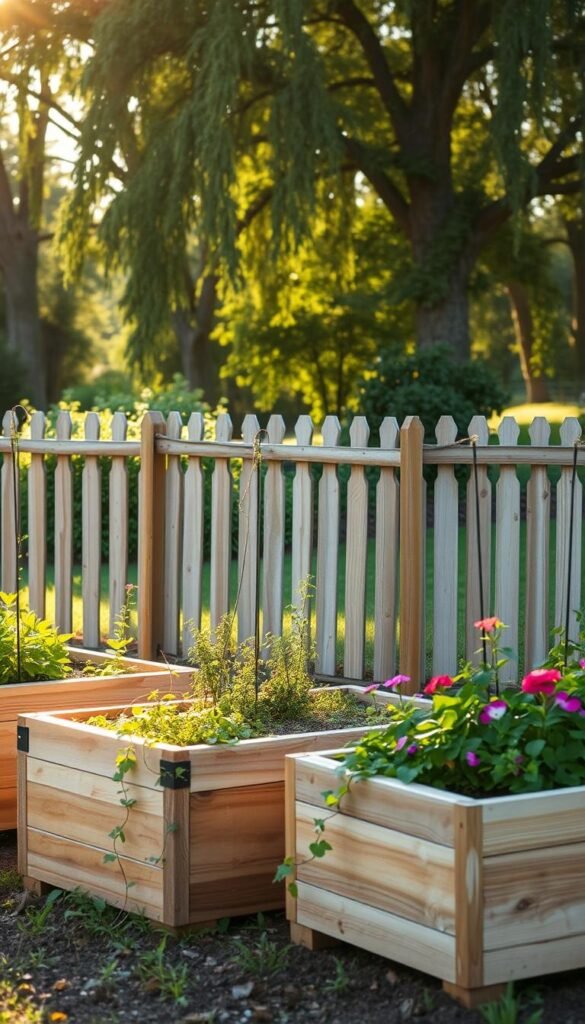 A meticulously crafted DIY raised garden beds set against a warm, sun-dappled backdrop. In the foreground, three wooden planter boxes, their natural grain and hues complementing the lush greenery within. Trailing vines and vibrant flowers spill over the sides, creating a captivating display. In the middle ground, a weathered wooden fence frames the scene, lending a rustic charm. The background features a verdant garden, dotted with towering trees that filter the golden sunlight, casting a soft, inviting glow. The overall composition exudes a sense of tranquility and the joy of homegrown gardening.