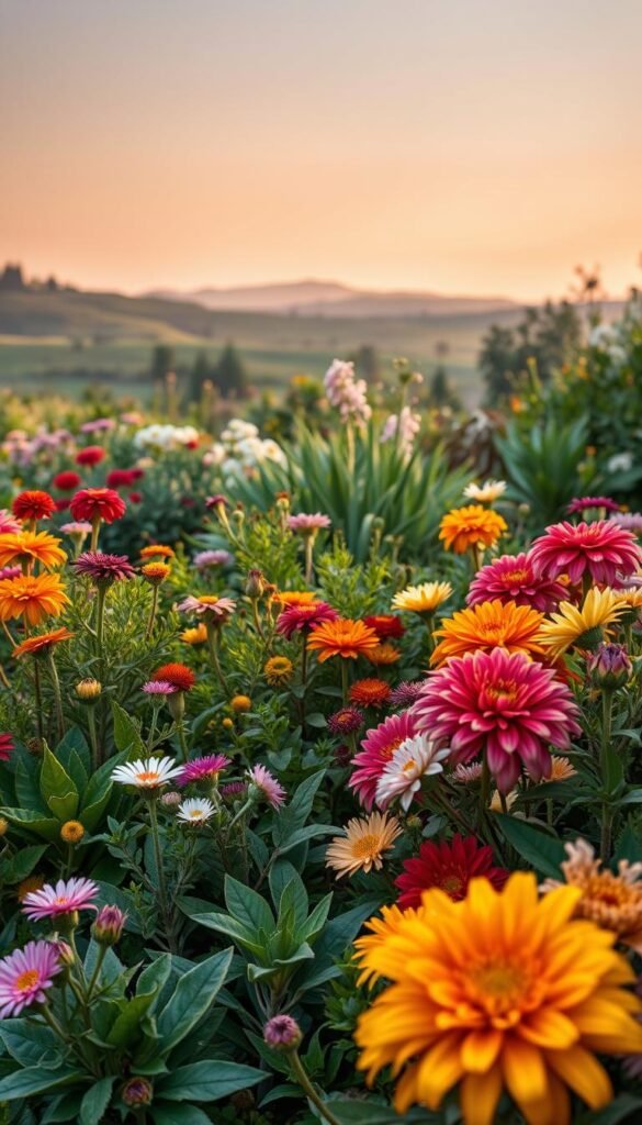 A meticulously crafted garden scene showcasing essential plant selection considerations. In the foreground, an array of vibrant flower blooms in diverse hues and textures, arranged harmoniously. The midground features a variety of lush foliage plants, each with unique shapes and shades of green. In the background, a serene landscape with gently rolling hills and a warm, diffused light, creating a sense of depth and atmosphere. The overall composition exudes a tranquil, contemplative mood, inviting the viewer to ponder the careful thought process behind curating a thriving garden.