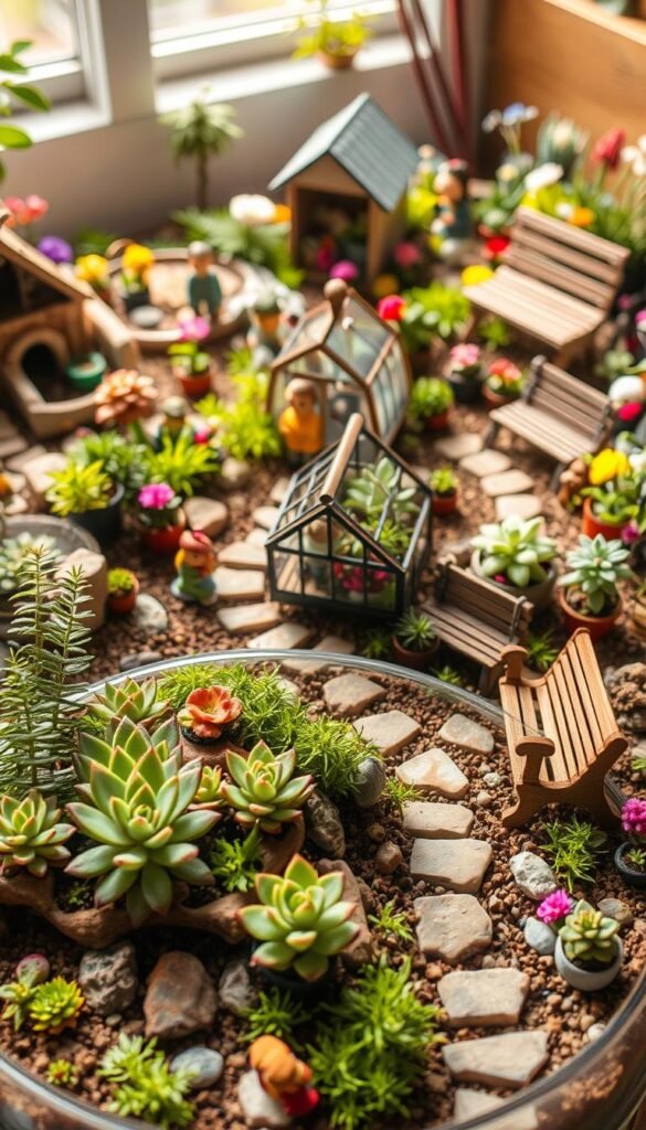 A meticulously crafted miniature garden, showcasing a variety of DIY projects. In the foreground, a lush terrarium with vibrant succulents and delicate ferns, set against a backdrop of handcrafted stone pathways and whimsical figurines. The middle ground features a miniature greenhouse with intricate details, surrounded by a profusion of miniature flowers and potted plants. In the distance, a tidy shed and a charming bench invite the viewer to explore this enchanting, handmade landscape, illuminated by warm, natural lighting and captured with a crisp, high-resolution lens. The overall atmosphere exudes a sense of tranquility, creativity, and the joy of crafting one's own tiny oasis.
