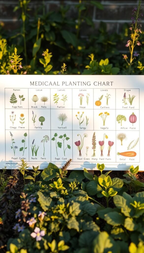 A meticulously designed companion planting chart, showcasing a harmonious arrangement of medicinal herbs and vegetables in a lush, organic garden. The image features a clean, minimalist layout with delicate hand-drawn illustrations of various plants, arranged in a visually appealing grid pattern. Warm, natural lighting illuminates the scene, casting gentle shadows and highlighting the intricate details of the botanical elements. The overall mood is one of tranquility and balance, perfectly capturing the essence of a thriving medicinal herb garden.
