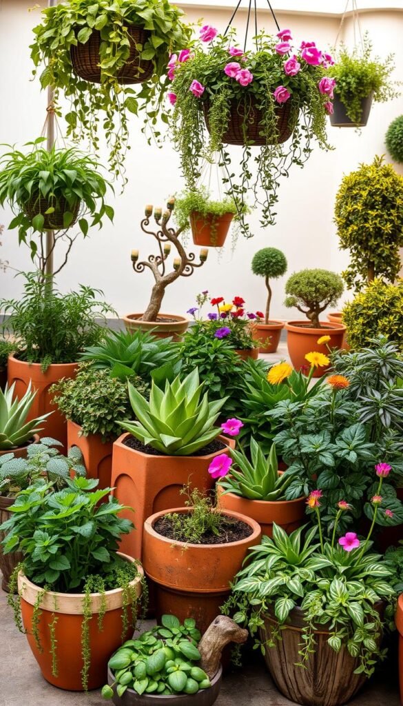 A meticulously designed container garden, showcasing a variety of lush greenery and vibrant blooms. In the foreground, a collection of stylish planters, crafted from natural materials like terracotta and weathered wood, house a diverse array of herbs, succulents, and trailing vines. The middle ground features a whimsical arrangement of hanging baskets, cascading with cascading foliage and cheerful flowers. In the background, a harmonious mix of potted shrubs and compact trees, strategically placed to create a sense of depth and visual interest. Soft, warm lighting illuminates the scene, casting gentle shadows and highlighting the textures and colors of the plants. The overall atmosphere is one of tranquility, with a focus on maximizing efficiency and beauty within a limited space.