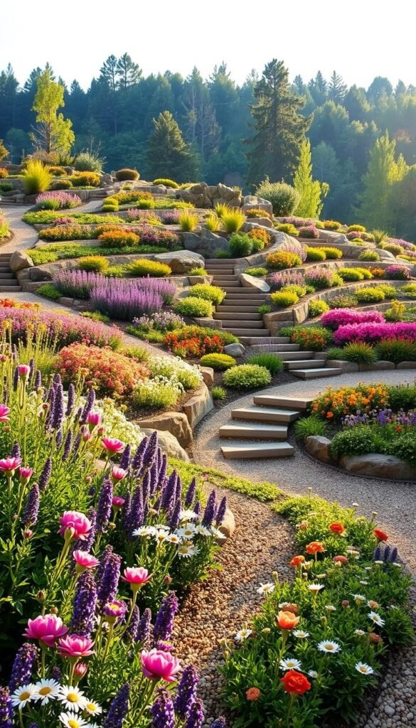 A meticulously designed sloped garden layout, showcasing a beautifully terraced landscape with lush flowerbeds, cascading rock formations, and winding gravel paths. The mid-afternoon sun casts a warm, golden glow, highlighting the vibrant colors of the blooming perennials and the textural contrast of the natural stone elements. In the foreground, a tiered arrangement of colorful flower species, such as purple lavender, pink peonies, and white daisies, create a visually captivating display. The middle ground features a series of gradually ascending terraces, each adorned with a variety of drought-tolerant plants and shrubs, leading the eye towards a focal point of a carefully curated rock garden. The background depicts a lush, wooded backdrop, adding depth and a sense of tranquility to the overall scene.